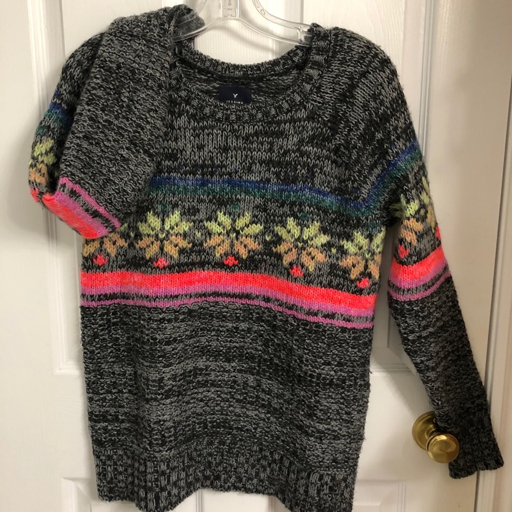 AMERICAN EAGLE SOFT PINK BLACK RED GREEN YELLOW KNIT JEGGING SWEATER SMALL WOOL